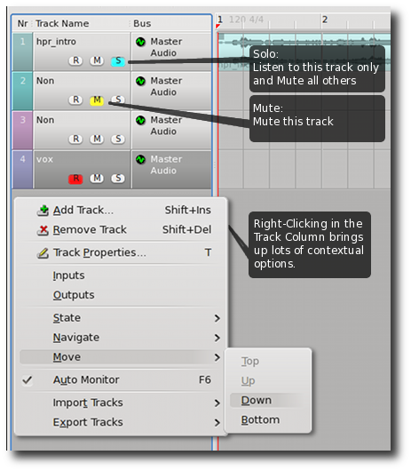 right-click on tracks for contextual menu options, and use the mute solo and record-arm buttons to change the state of the track