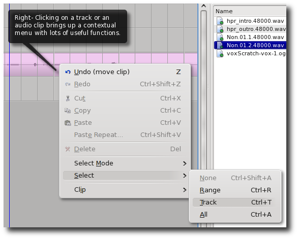 right-click on a track for track options, like selecting the entire track quickly