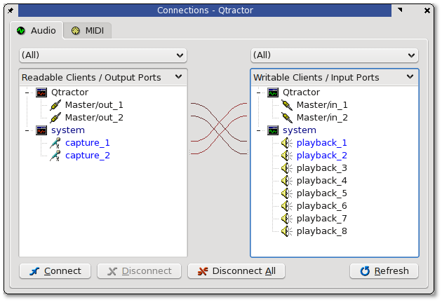 the connections window, a place to define inputs and outputs