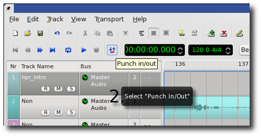 press the punch in/out button in the toolbar