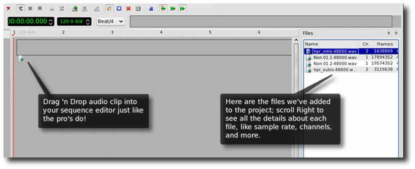 drag and drop the audio clip from the file bin to the workspace column, just like the professionals do