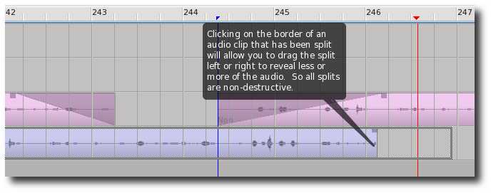 click and drag the edge of an audio clip to alter the split point