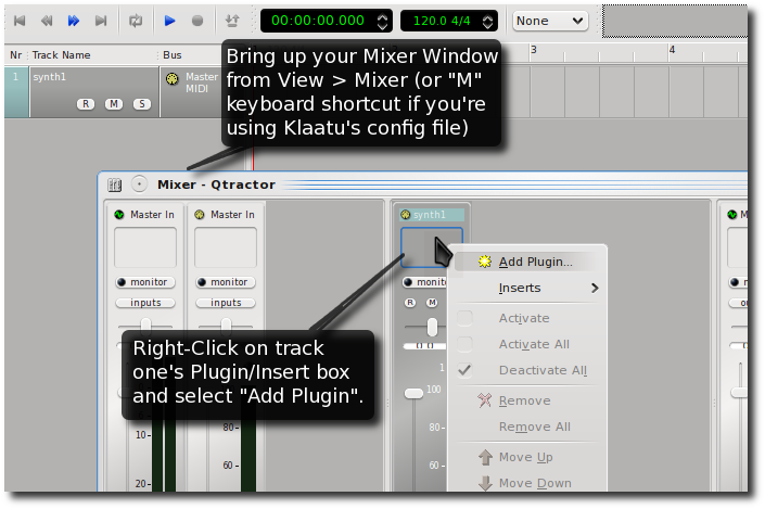 open the mixer window and right-click on the track plugin box